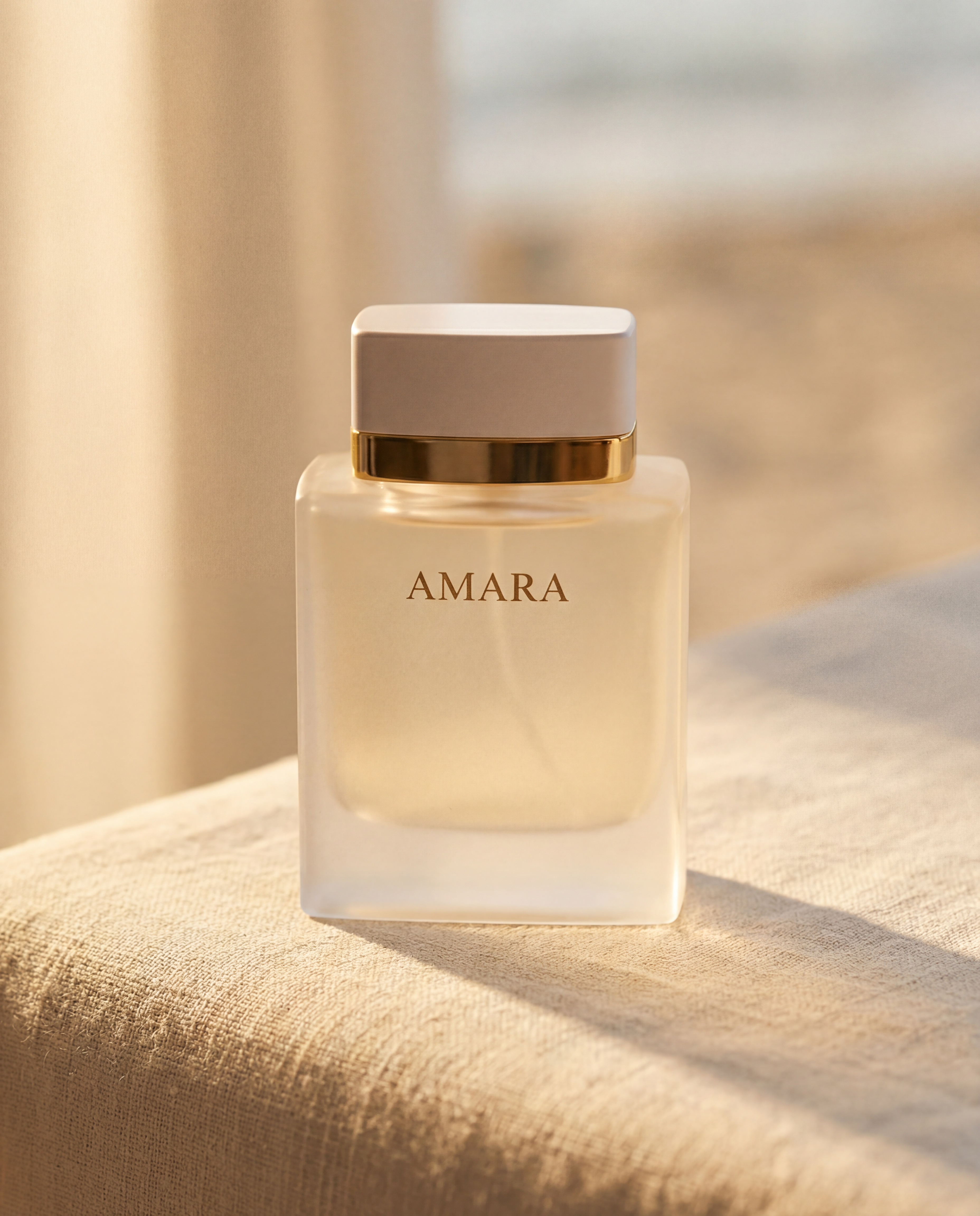 Amara by Okra — frosted glass bottle on warm linen in golden light